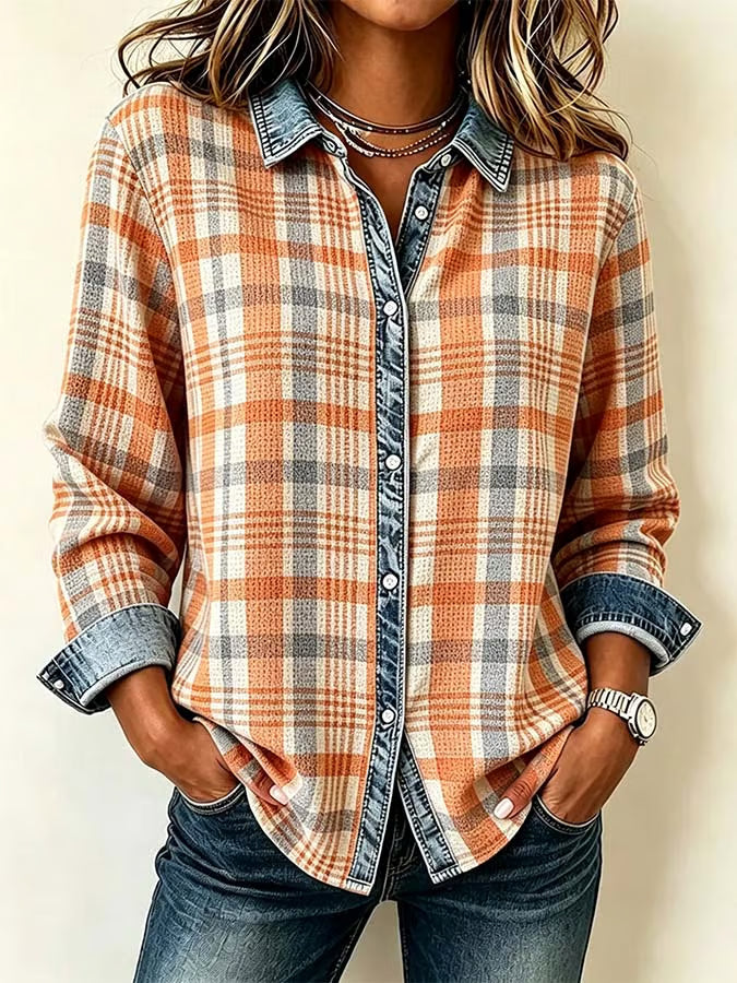 Women'S Casual Denim Patchwork Plaid Shirt