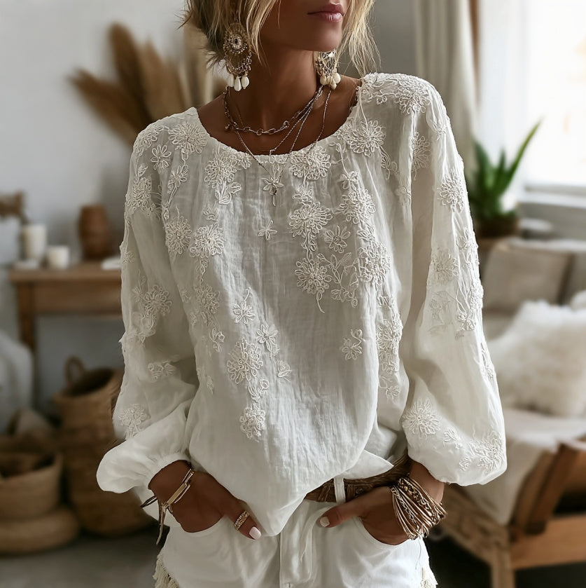Vintage Floral Art Embroidered Casual Crew Neck Linen Tops