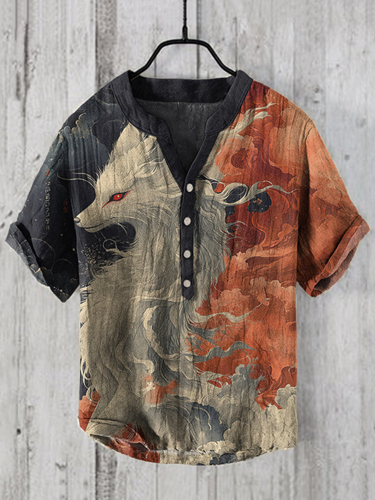 Men's Japanese Art Animal Print Linen Blend Shirt