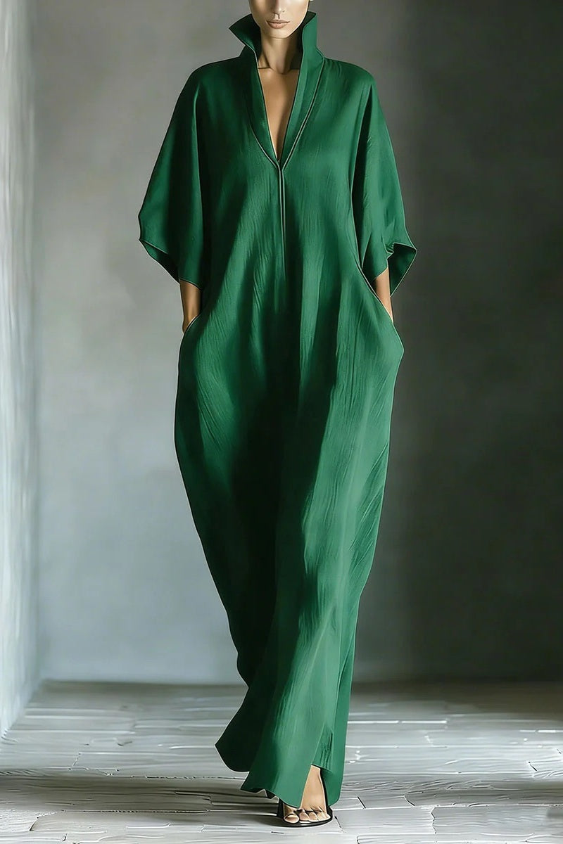 Women's Black Cotton Blend Fabric Oversized Kimono-Sleeve Maxi Dress With Pockets