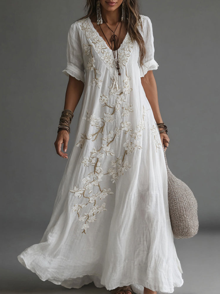 Women's Vintage Japanese Plum Blossom Art Casual Linen Maxi Dress