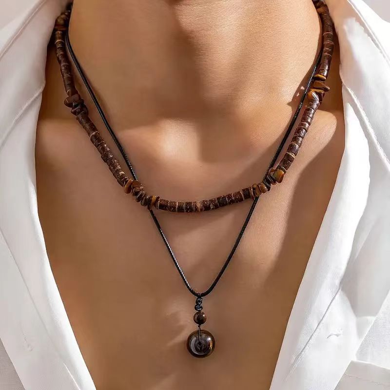 Vintage Pendant Necklace, Natural Tiger Eye Stone Coconut Shell, Versatile Design Necklace