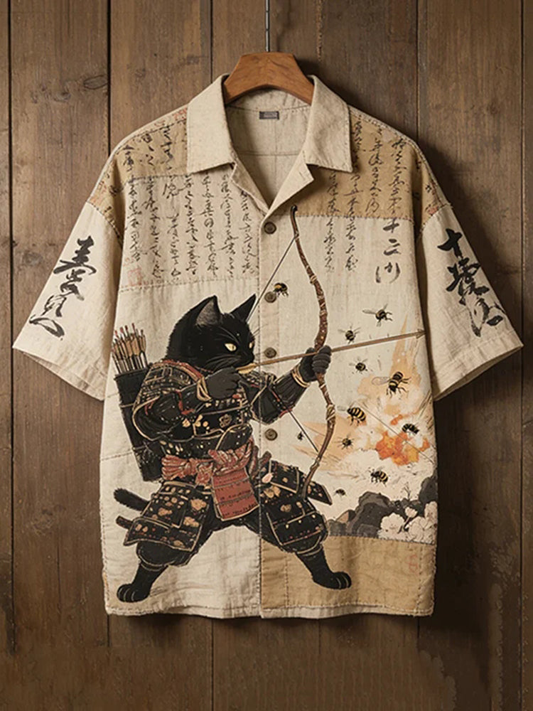 Men's Samurai Black Cat Archery Calligraphy Japanese Art Print Casual Shirt