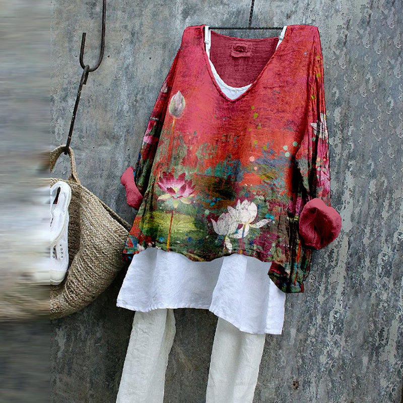 Vintage Lotus Flower Art Linen Blend Cozy Tunic