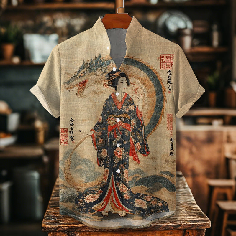 Men's Vintage Elegant Japanese Geisha With Dragon Art Comfy Linen Blend Cozy Short Sleeve Shirt