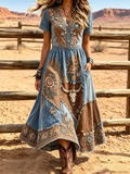Women's Western Vintage Linen-Blend Maxi Dress