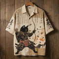 Men's Samurai Black Cat Archery Calligraphy Japanese Art Print Casual Shirt