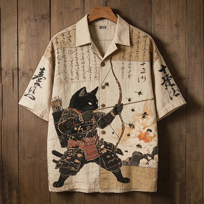 Men's Samurai Black Cat Archery Calligraphy Japanese Art Print Casual Shirt