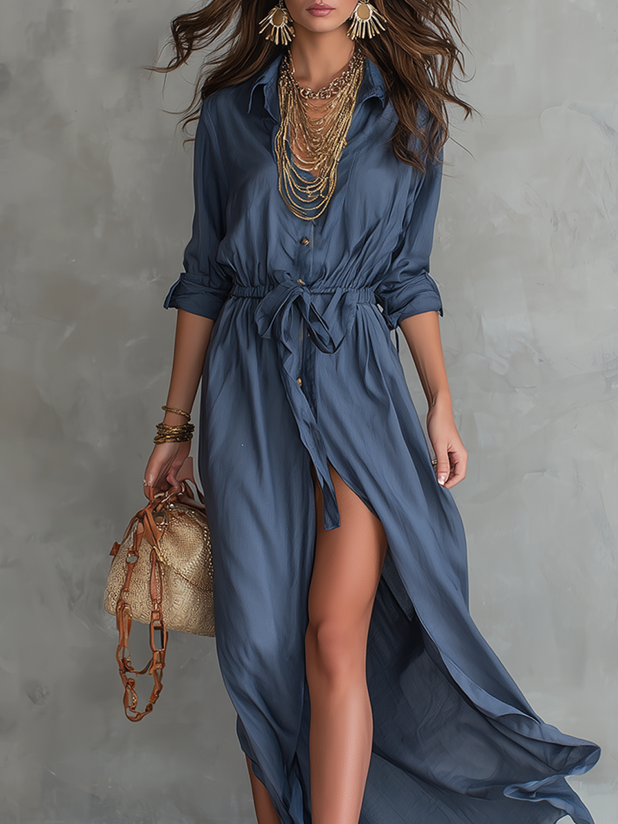Bohemian Blue Tie Waist Shirt Maxi Dress