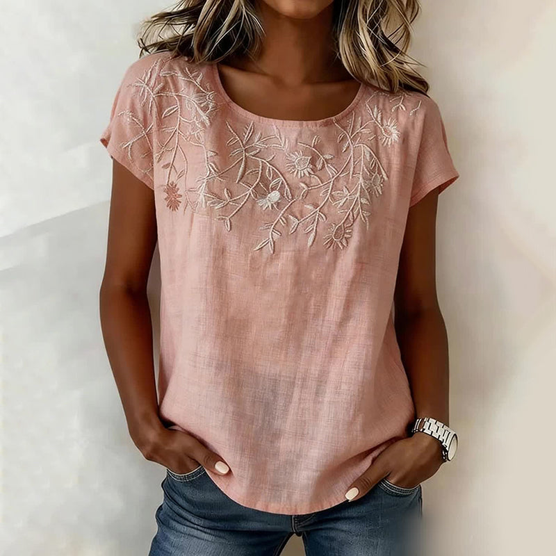 Women's Casual Embroidered Short-sleeve Cotton-linen Top