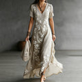 Vintage Japanese Plum Blossom Art Lace Embroidered V Neck Linen Maxi Dress