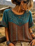 Women'S Vintage Western Turquoise Floral Faith Print Linen Short-Sleeved T-Shirt