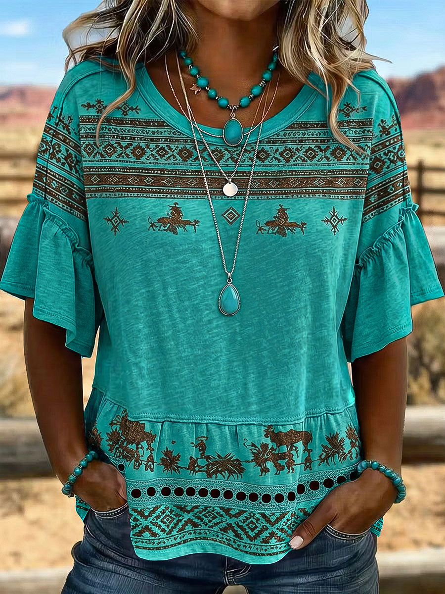 Women's Retro Western Horse Art Printed T-shirt