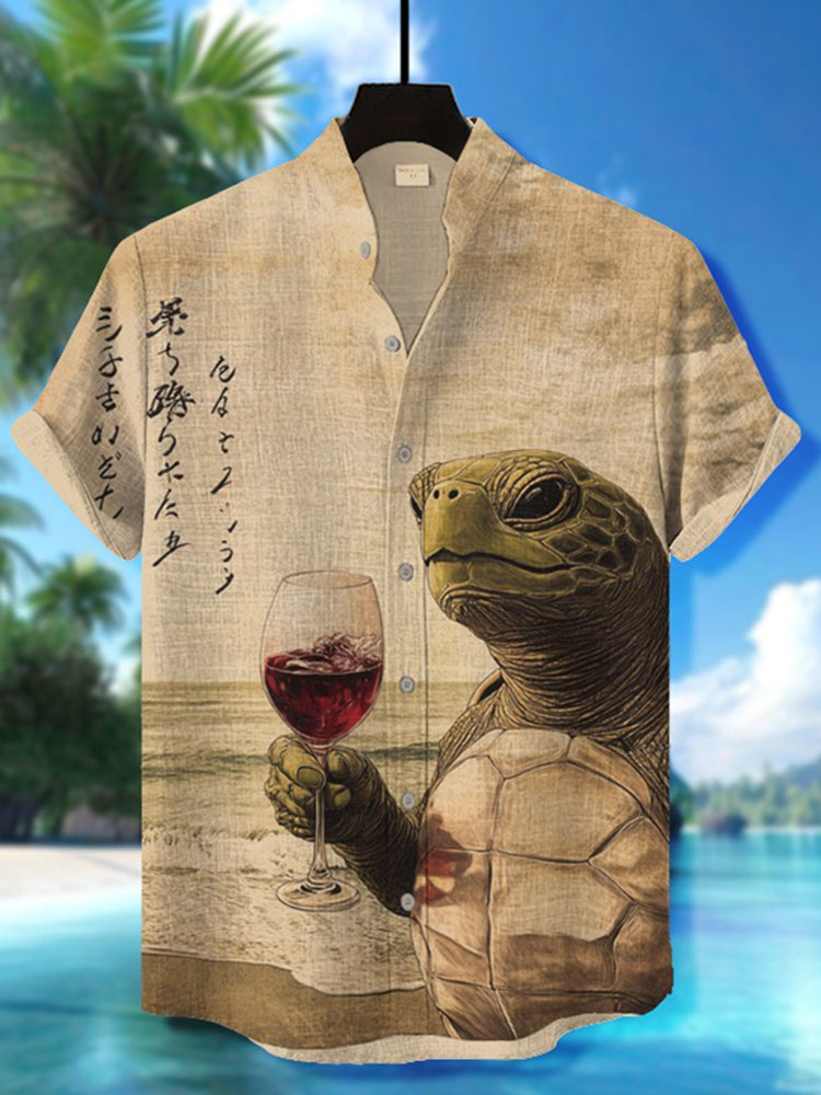 Men's Fun Turtle Print Red Wine Print Short Sleeve Shirt