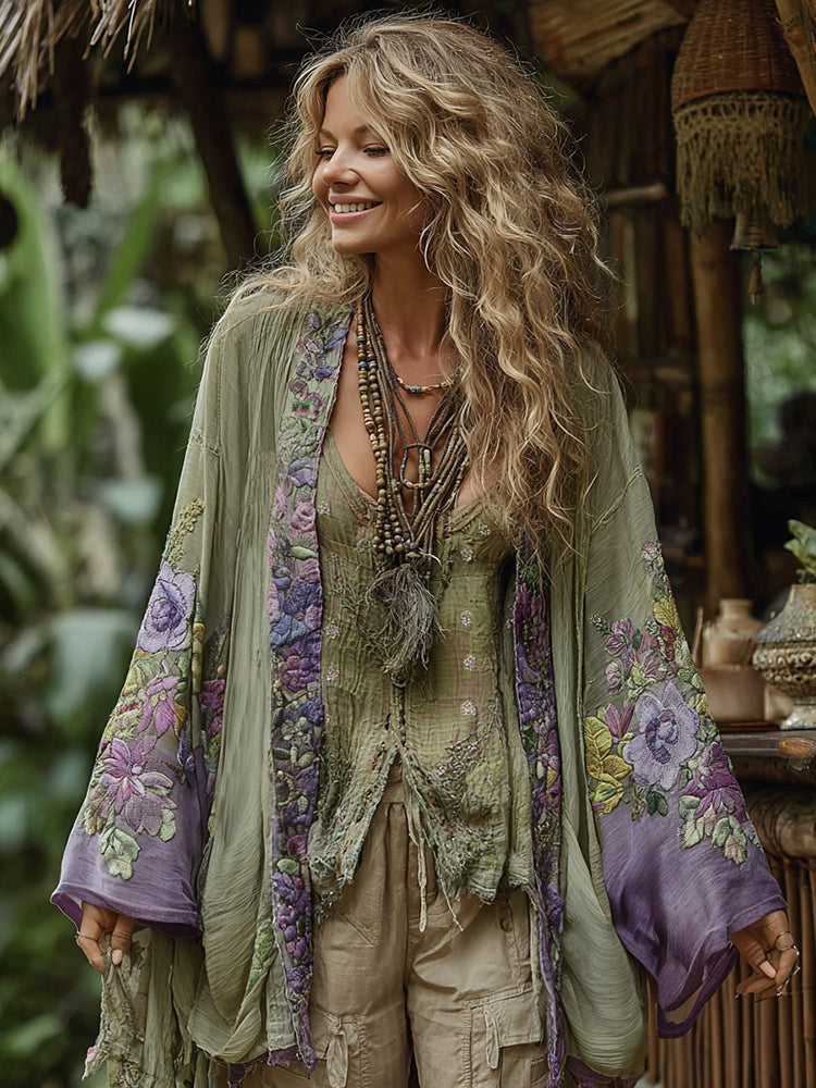 Classic Bohemian Floral Art Embroidery Print Cotton And Linen Blend Kimono Cardigan