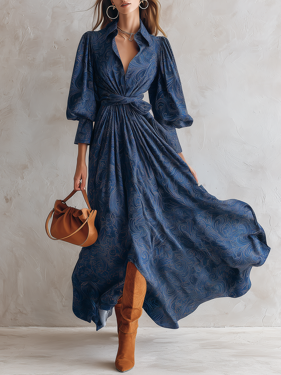 Blue Swirl Print Shirt Dress With Puff Sleeves
