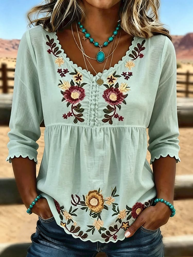 Women's Vintage Floral Print Patchwork Casual Shirt