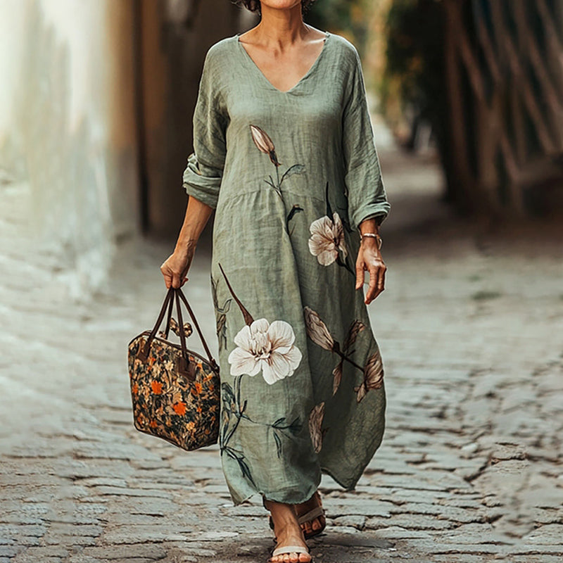 Women's Floral Print V-neck Loose Midi Dress