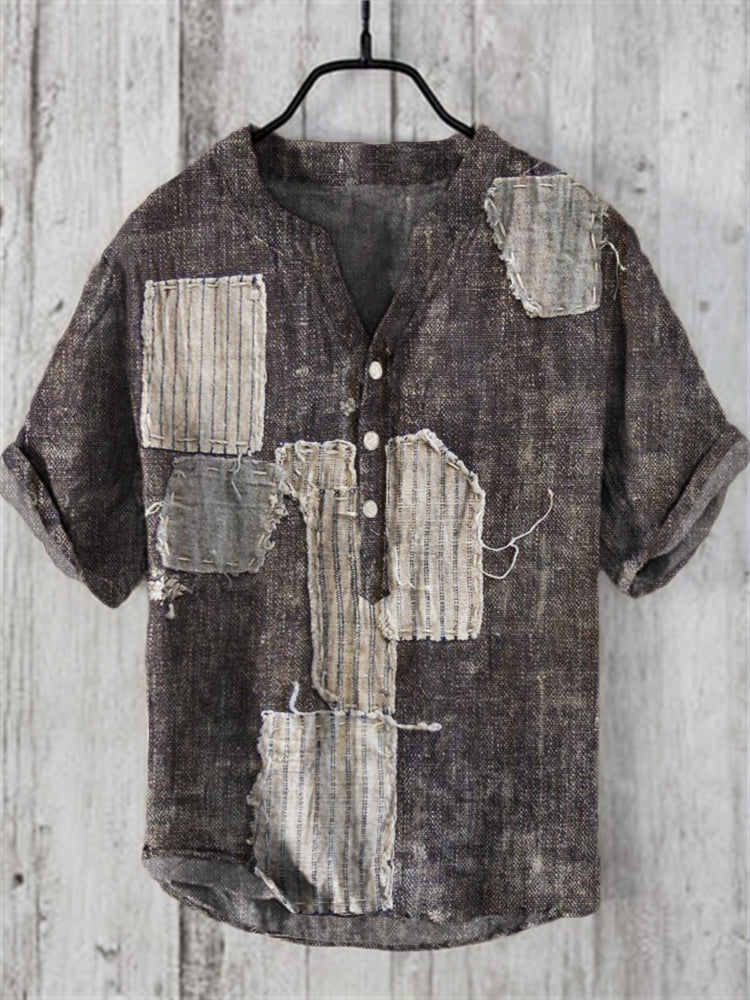 Men's Vintage Frayed Patchwork Washed Linen Blend Shirt