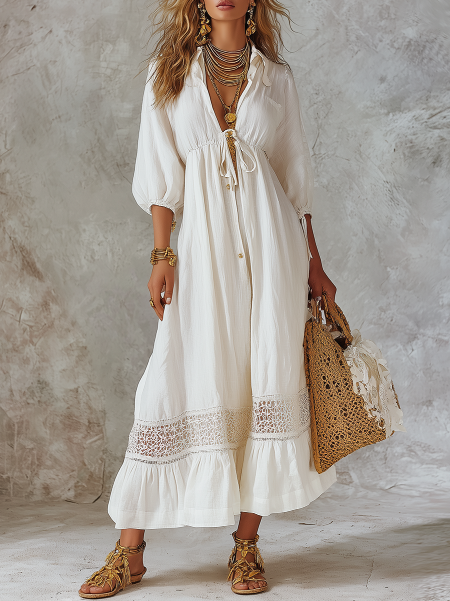 Bohemian Lace Trimmed Button Front Long Dress