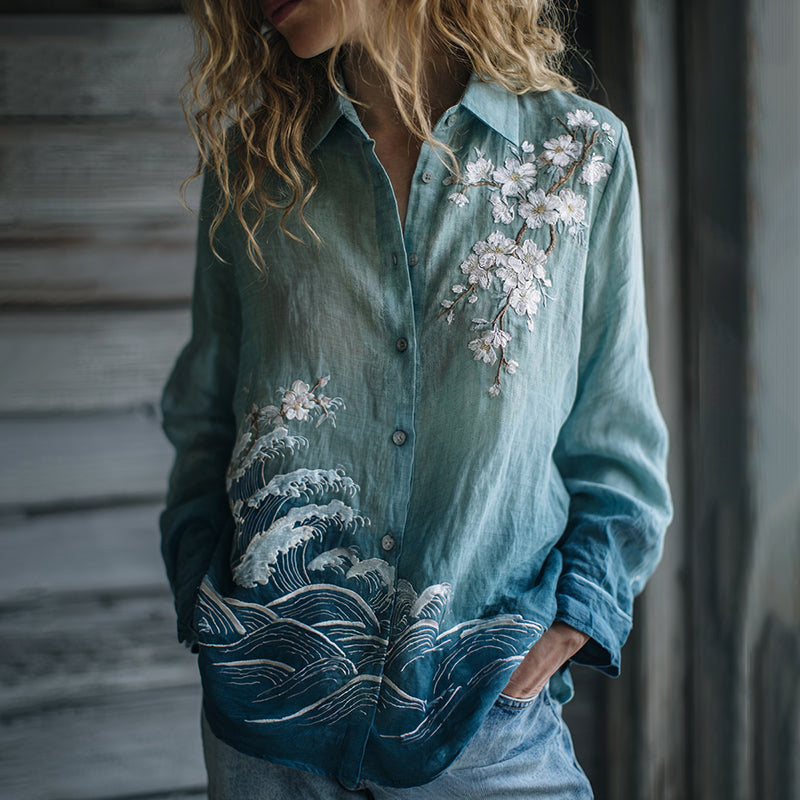 Women's Vintage Floral Ukiyoe Embroidered Linen Long Sleeve Shirt