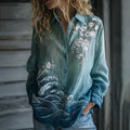 Women's Vintage Floral Ukiyoe Embroidered Linen Long Sleeve Shirt