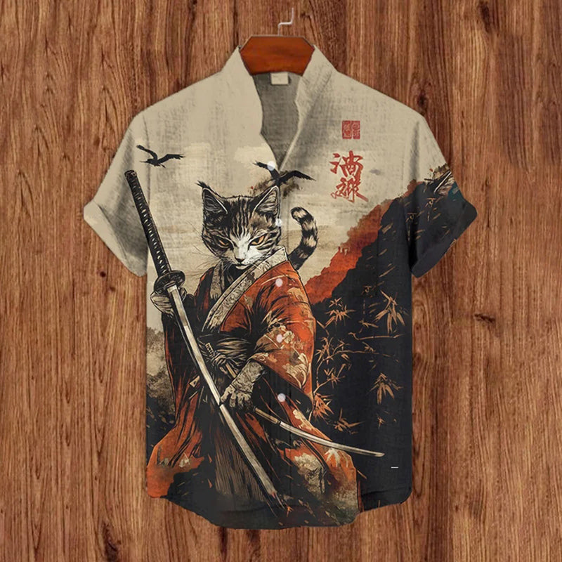 Men's Kimono Cat Long Sword Art Print Short Sleeve Shirt