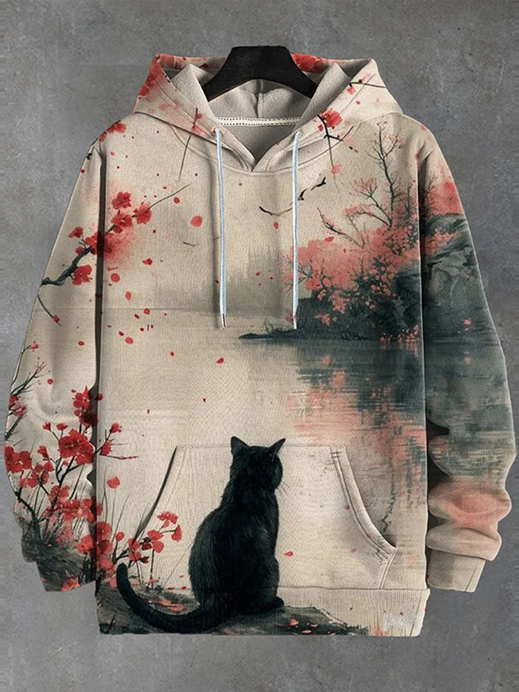 Men's Retro Japanese Black Cat Art Art Pattern Hoodie