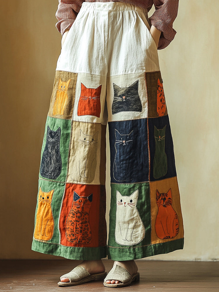 Women's Pop Popular Patchwork Cat Casual Pants