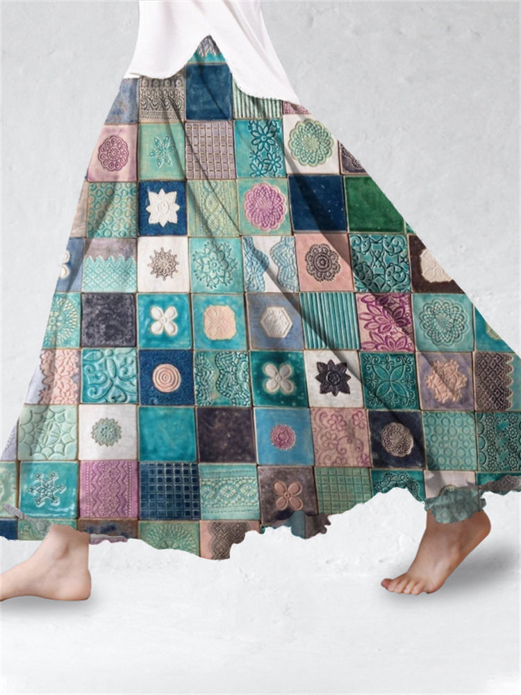 Colorful Floral Print Women's Linen Flutter Half Skirt