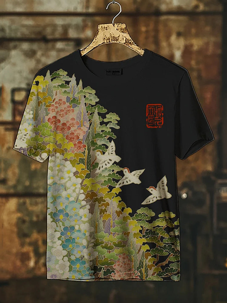 Japanese Art Flower Print Crew Neck Short Sleeve T-shirt