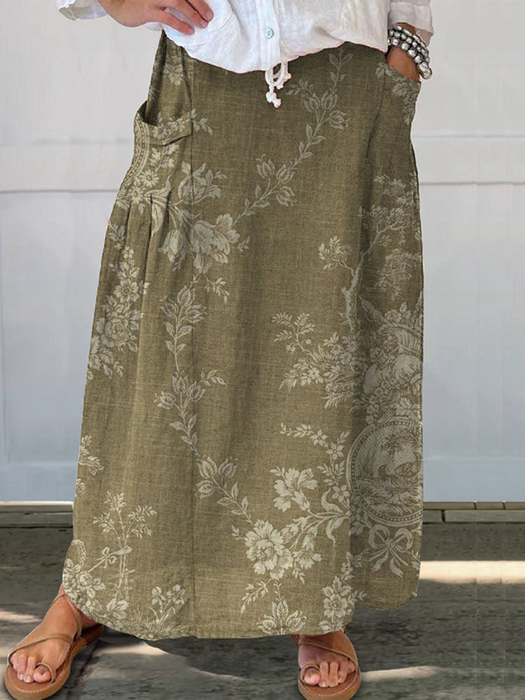 Vintage Floral Print Pocket Casual Skirt