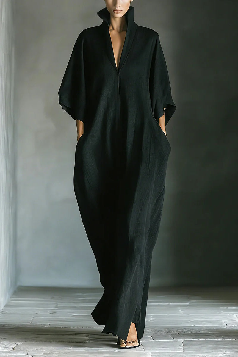 Women's Black Cotton Blend Fabric Oversized Kimono-Sleeve Maxi Dress With Pockets