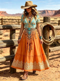 Women's Western Vintage Linen-Blend Maxi Dress