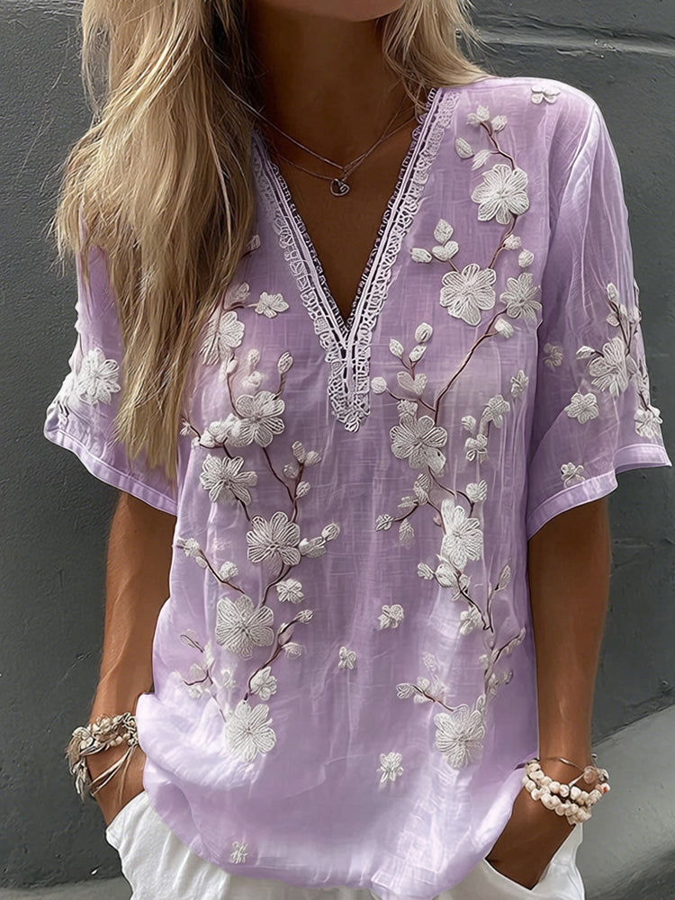 Women's Vintage Floral Print V Neck Linen Blend Short Sleeve T-shirt