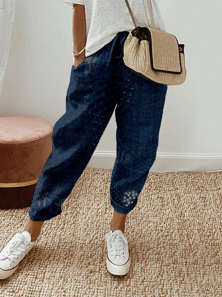 Japanese Traditional Sashiko Art Comfy Linen Pants