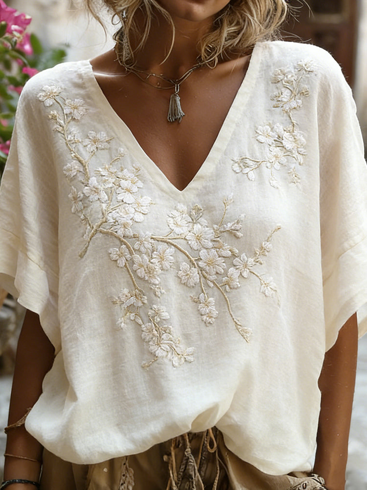 Women's Cherry Blossom Branch Art Embroidery V-neck Blended Cotton Linen Short Sleeve Top