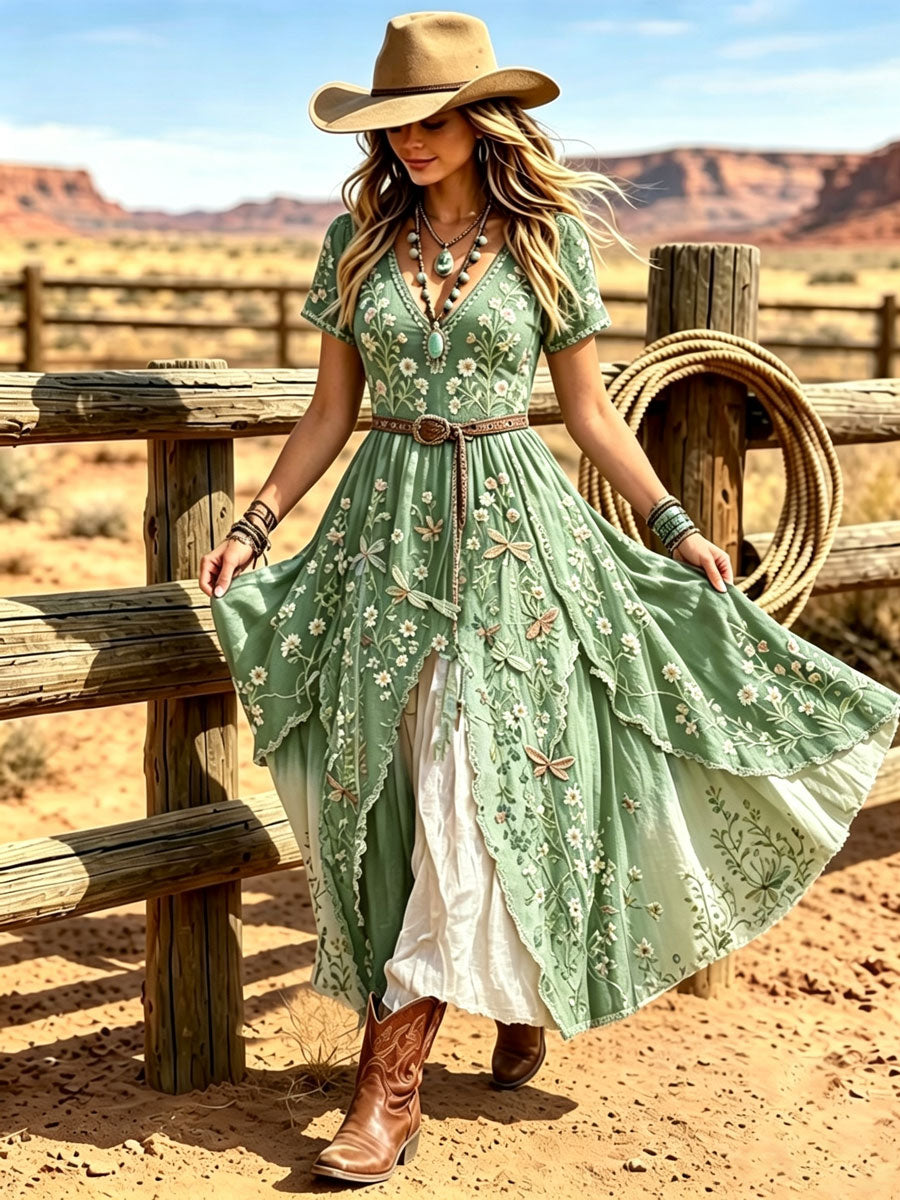 Women's Western Vintage Linen-Blend Maxi Dress