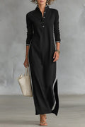 Women's Minimalist White-trimmed Button-down Collar Sweatshirt Dress Maxi Dress