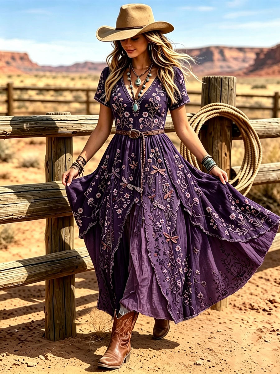 Women's Western Vintage Linen-Blend Maxi Dress