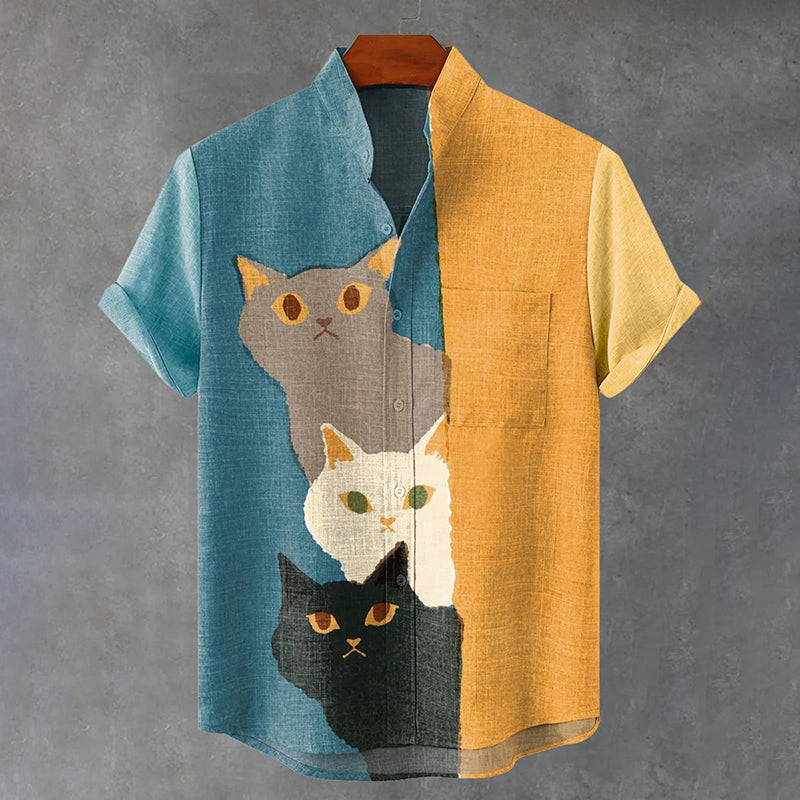 Men's Three Curious Cats Print Casual Cotton Shirt