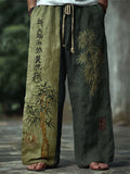Men's Japanese Bamboo Calligraphy Art Contrast Linen Pants