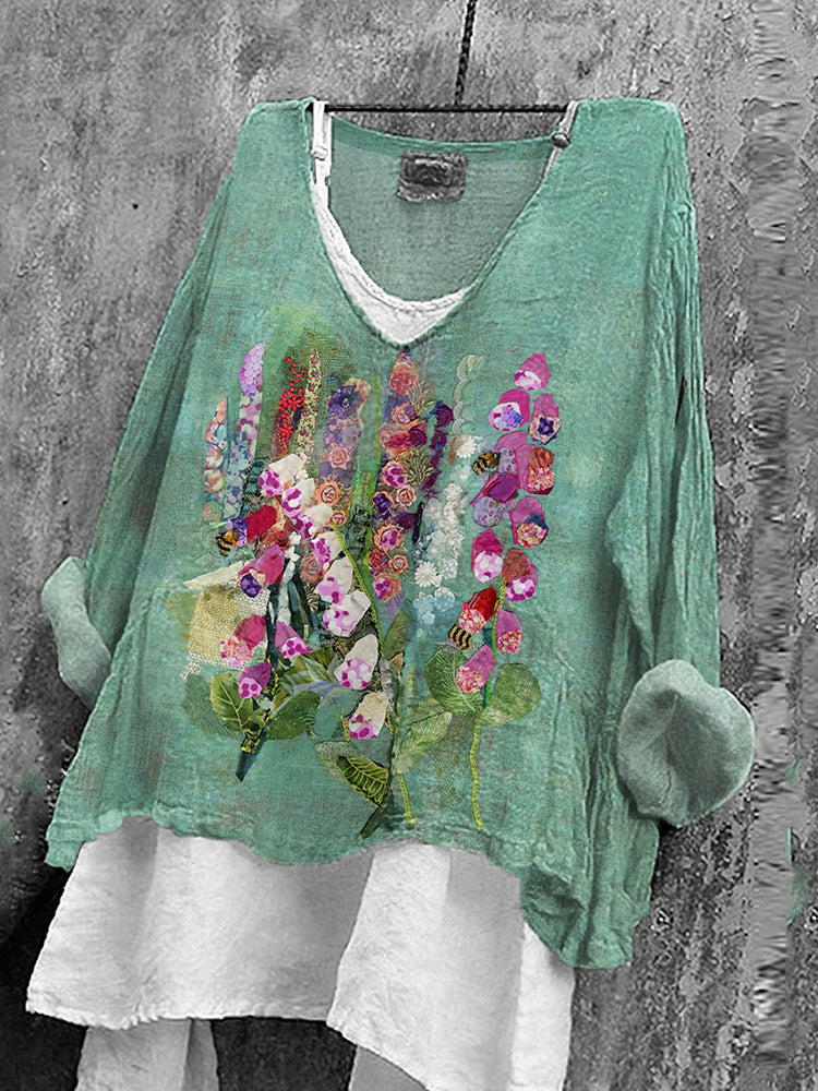 Vintage Floral Art Linen Blend Blouse