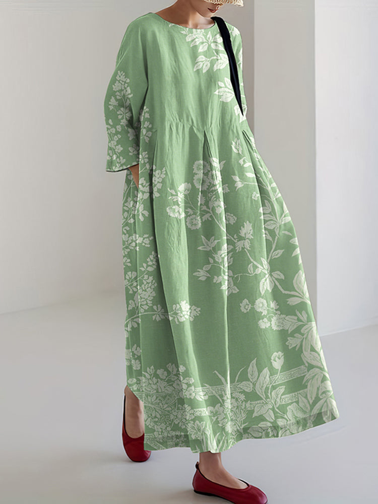 Vintage Japanese Floral Art Pattern Flowy Linen Maxi Dress