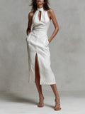 Bohemian Style Keyhole Neckline Denim Midi Dress With Side Slits
