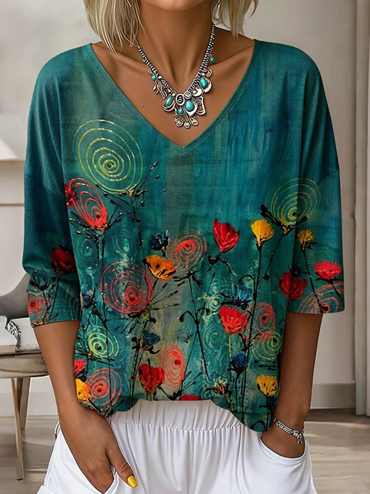 Women's Vintage Floral Pattern Art Print Flowy Linen Blend  Three-quarter Sleeve V Neck Linen Tops