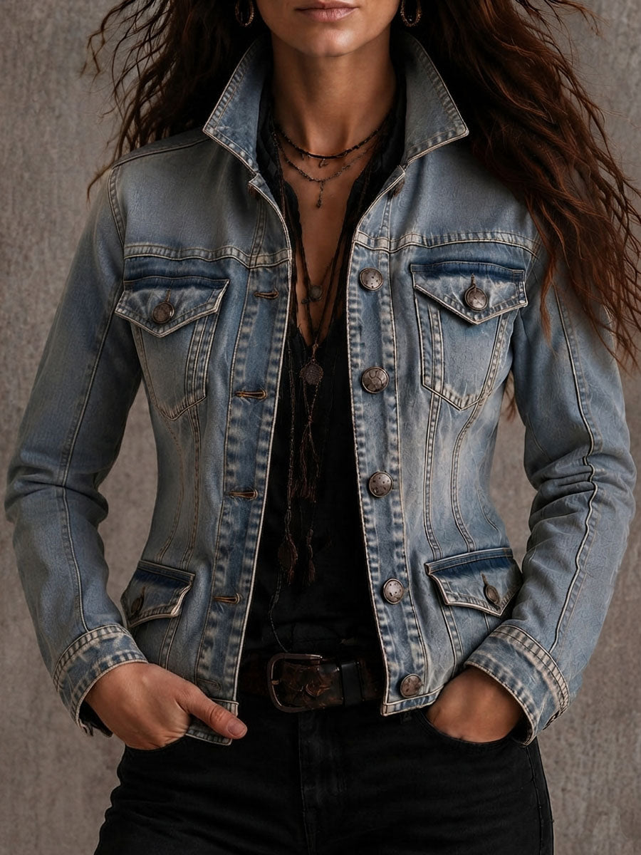 Vintage Distressed Washed Denim Collar Tailored Jacket