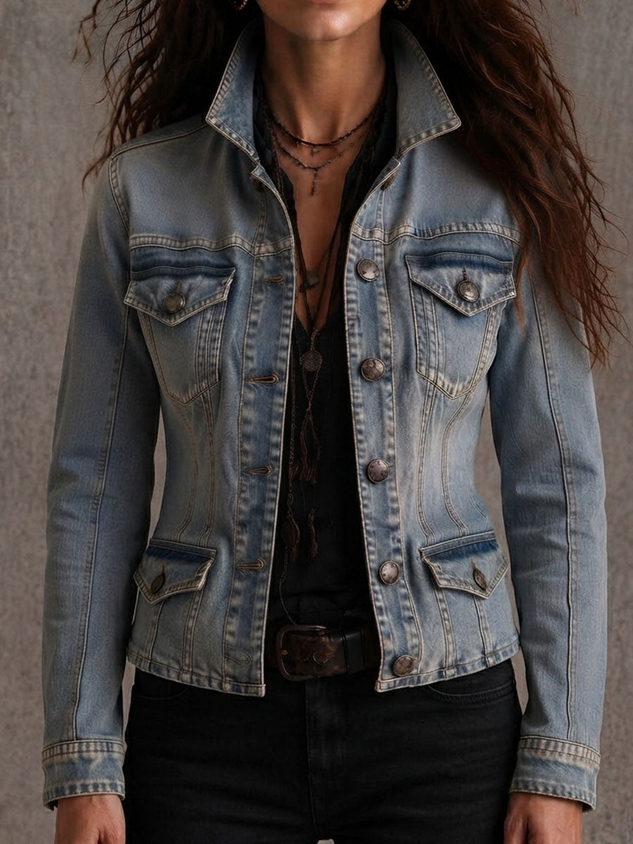 Vintage Distressed Washed Denim Collar Tailored Jacket