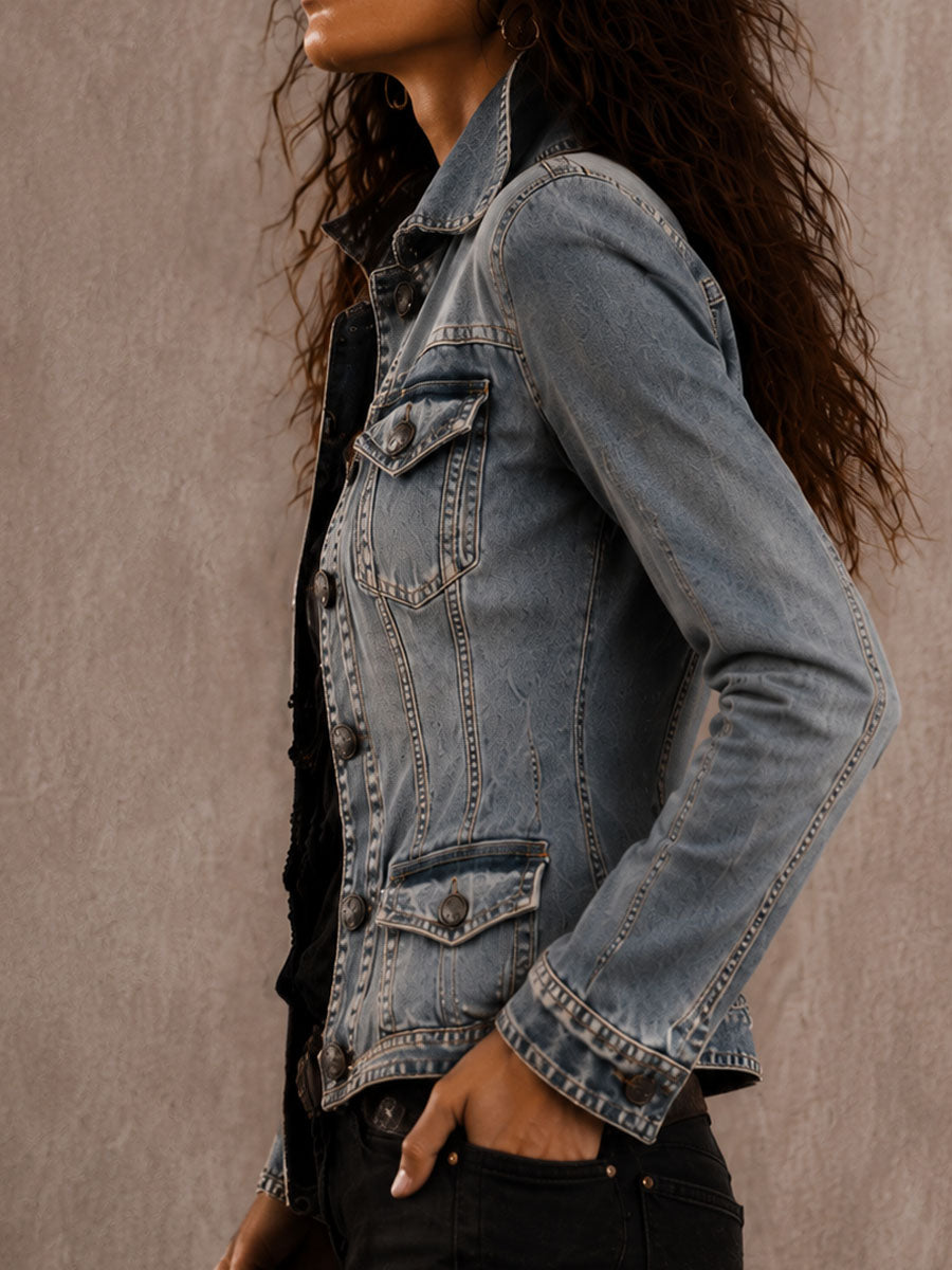 Vintage Distressed Washed Denim Collar Tailored Jacket