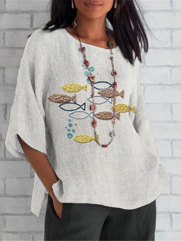 Japanese Carp Embroidery Art Linen Shirt